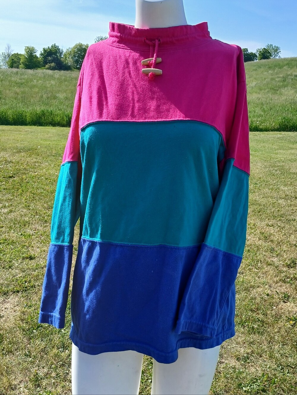 Vintage Colorblock Shirt Top Long Sleeve Magenta Teal Blue Womens size S Small